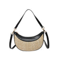 Straw dumpling-shaped crossbody bag with hard shell construction and contrast stitching details