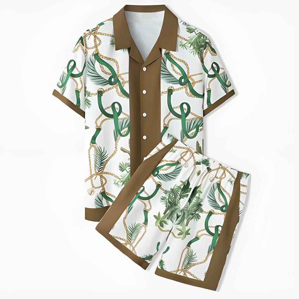 Plaid pattern beach outfit with short sleeve shirt and matching trousers in polyester fabric