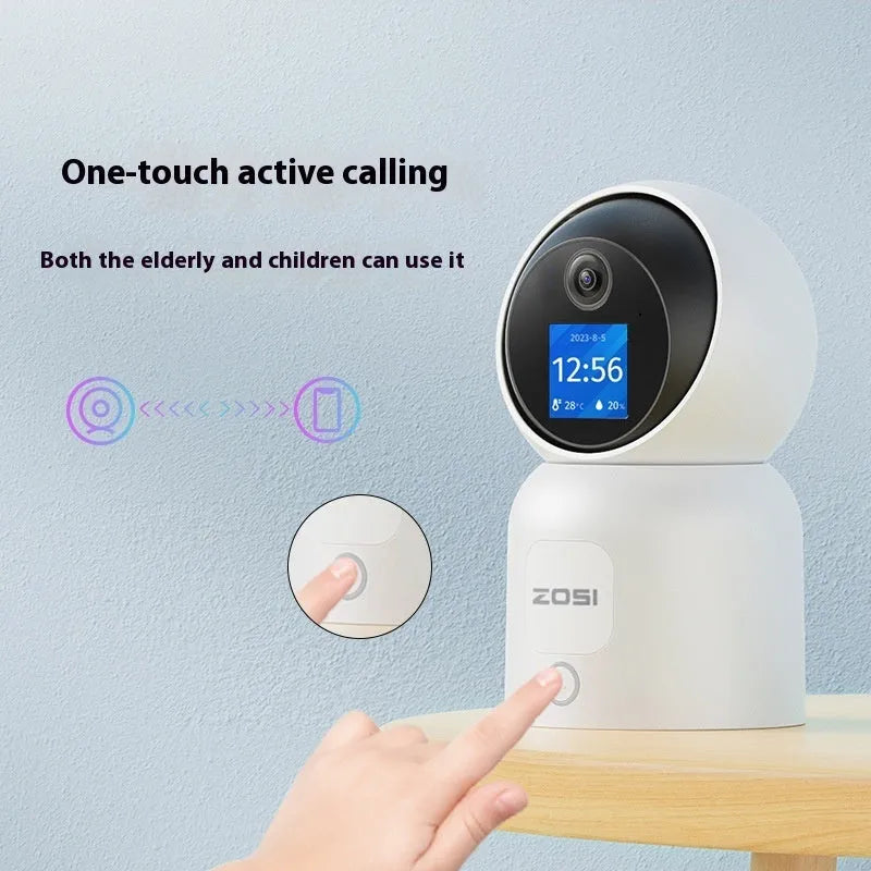 Zhou Shi wireless indoor security camera with large screen and plastic shell on a screw-fixed bracket.