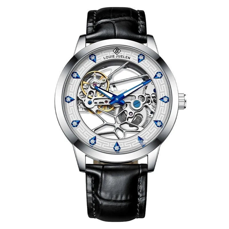 Men's silver mechanical watch with luminous hands on black leather strap