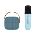 Portable Bluetooth speaker with microphone in white, pink or blue colour options showing compact dimensions