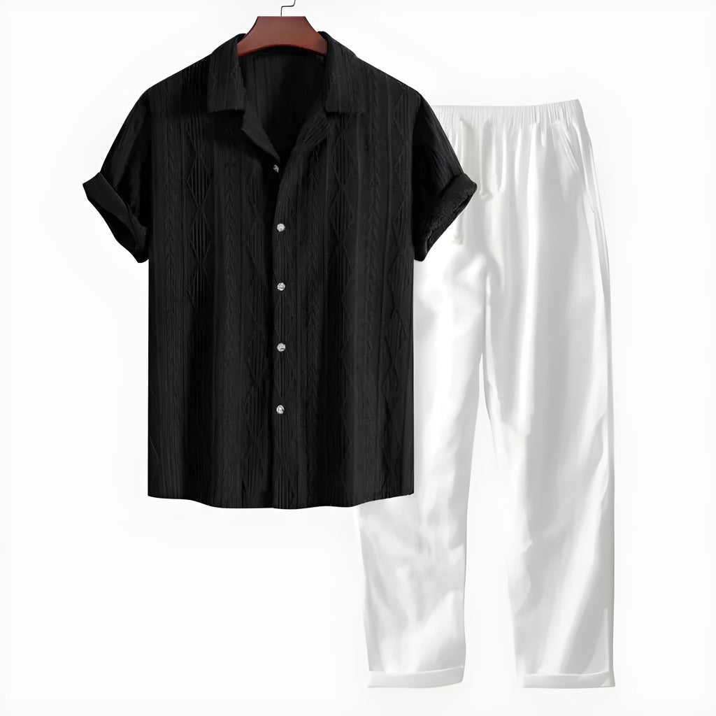 Men's casual short sleeve linen suit set with digital camouflage print in slim fit