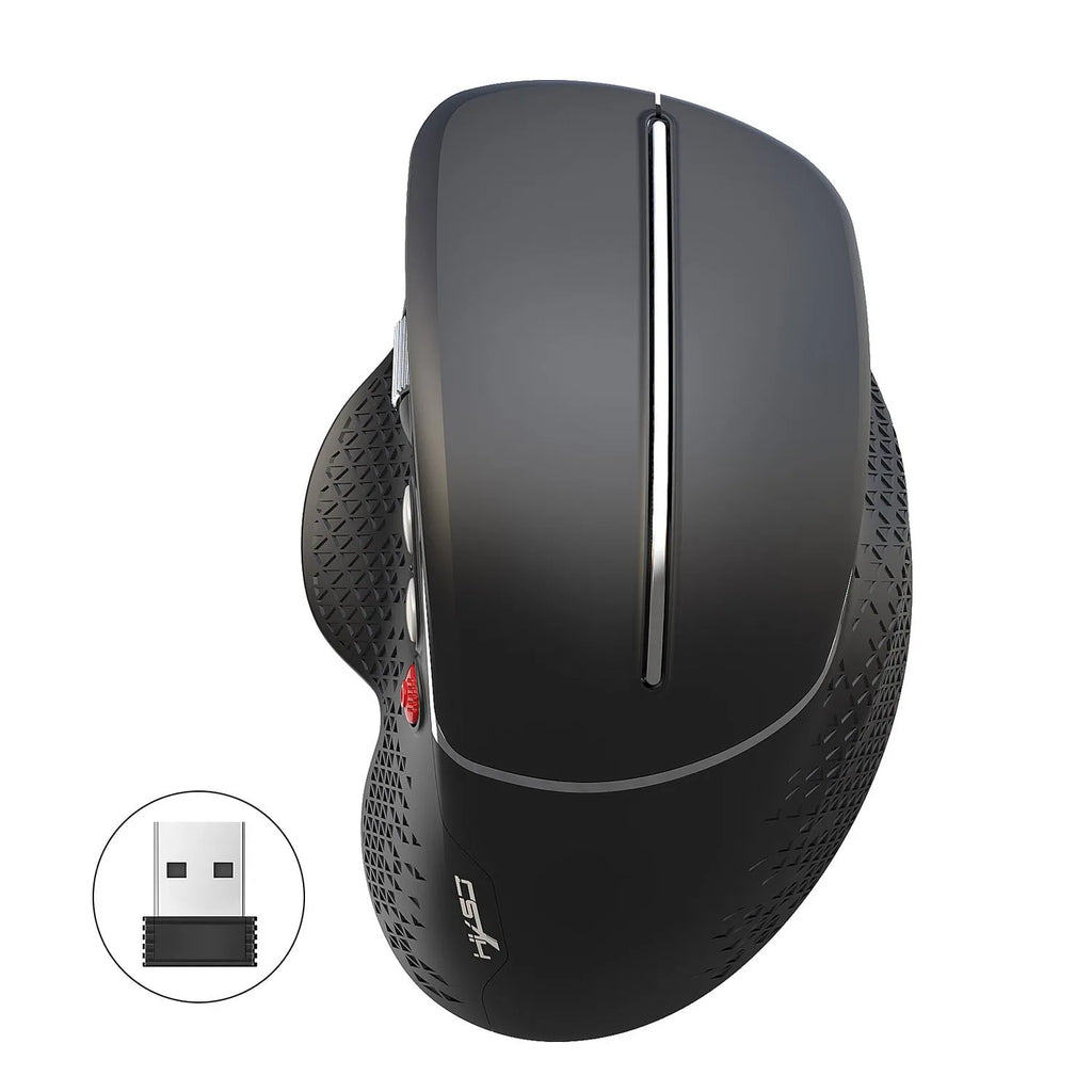 T32 wireless vertical ergonomic mouse in black matte texture showing aluminium side roller and 6-button layout.