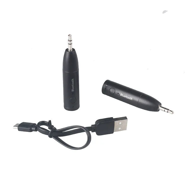 Black Bluetooth 5.0 AUX audio receiver for car stereo with USB charging cable