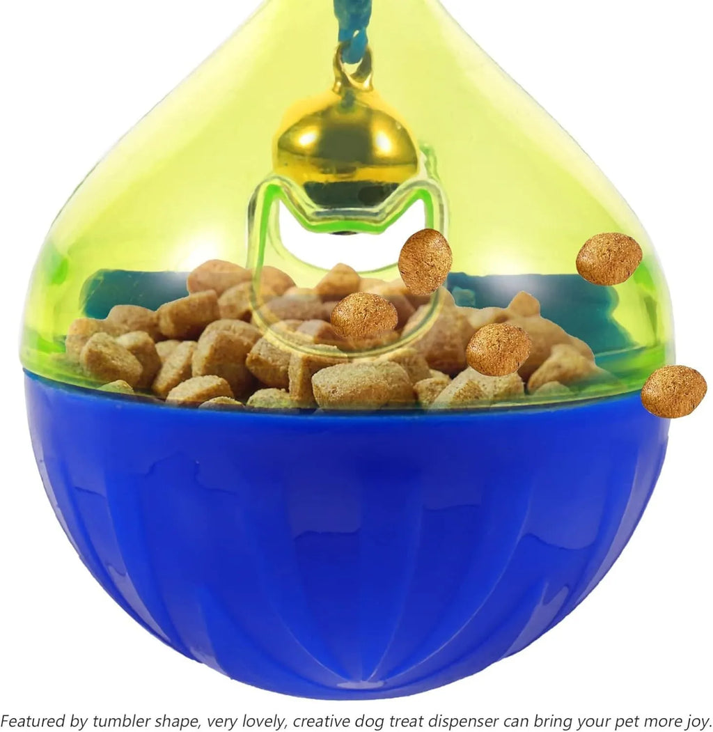 Blue tumbler-shaped pet treat dispenser ball for dogs and cats