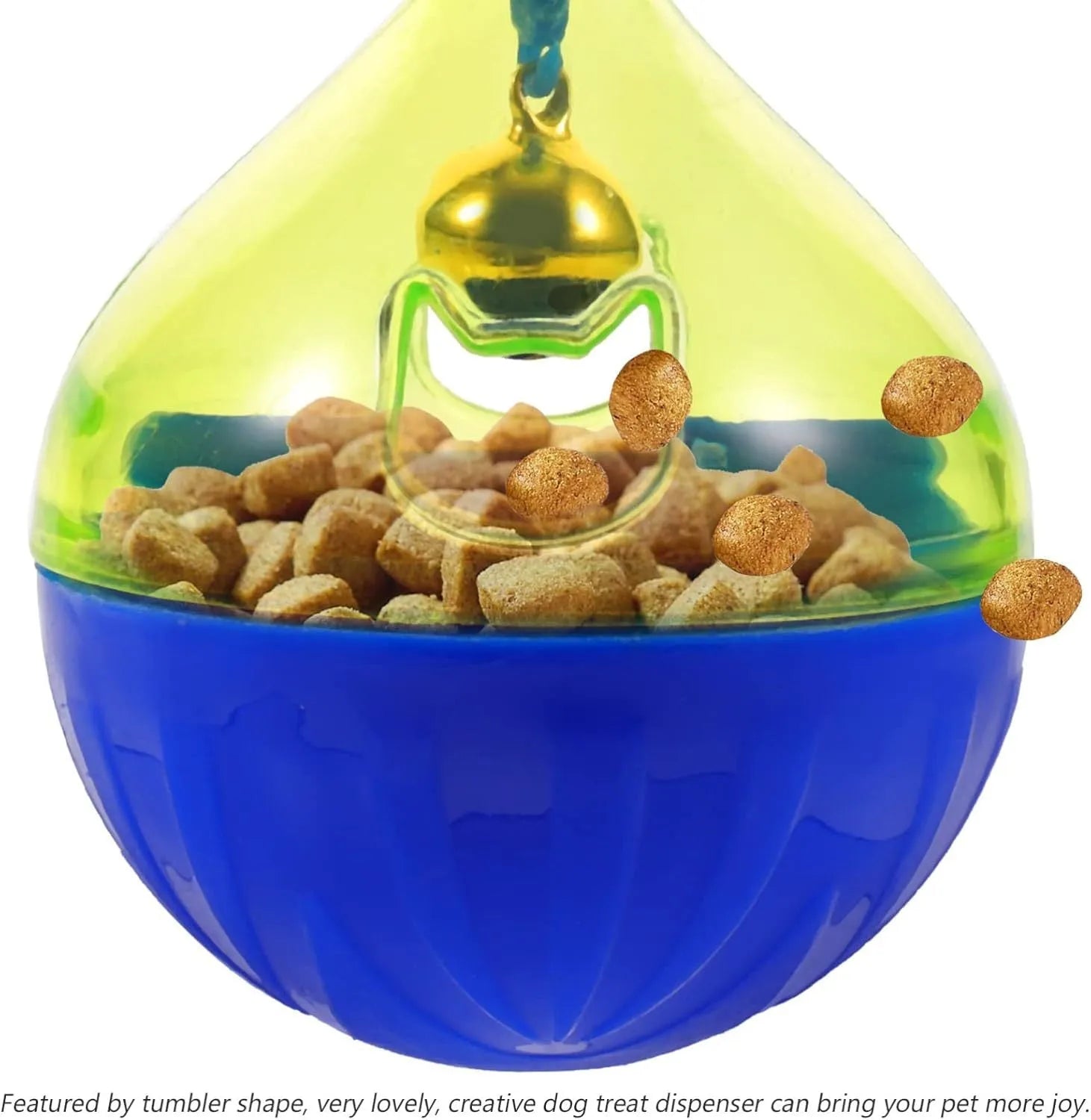 Blue tumbler-shaped pet treat dispenser ball for dogs and cats