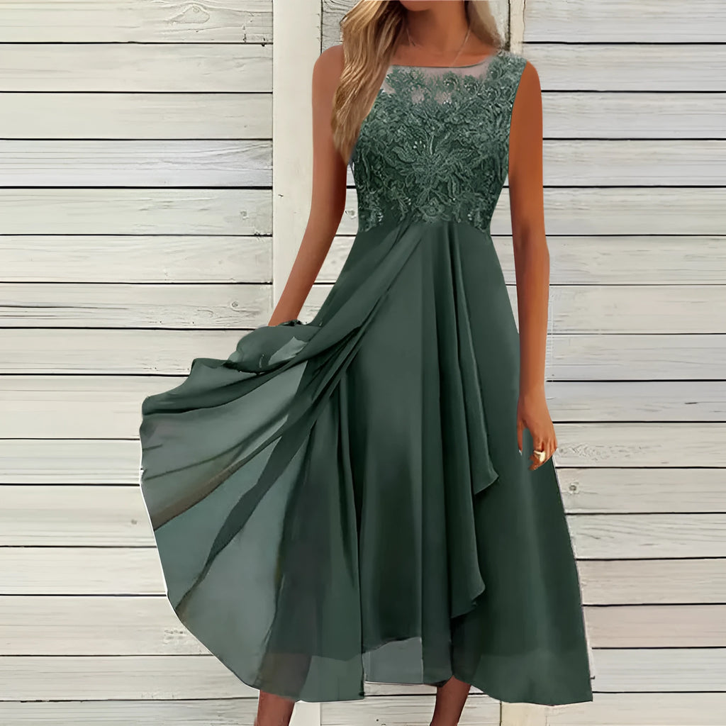 Women's sleeveless chiffon dress with lace hollow-out detail in blue, shown mid-length.