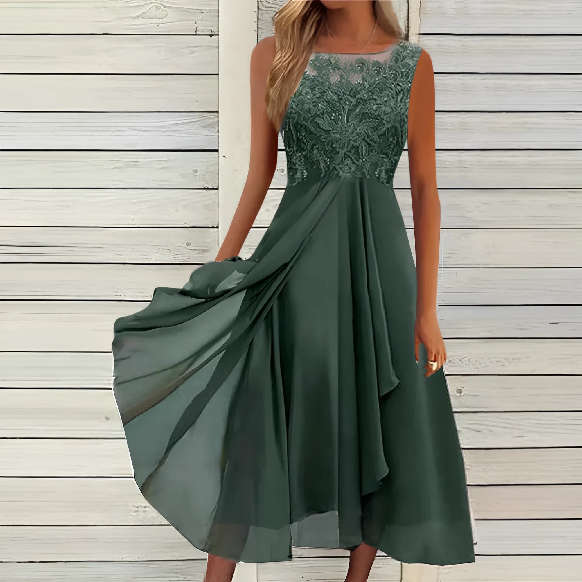 Women's sleeveless chiffon dress with lace hollow-out detail in blue, shown mid-length.