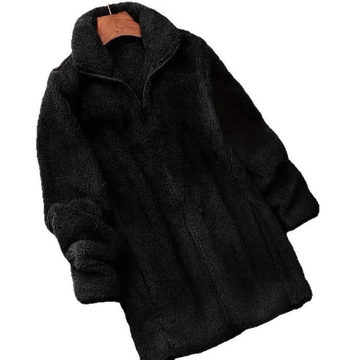 Double-sided fleece jacket in black, navy blue, or khaki colour on a hanger.