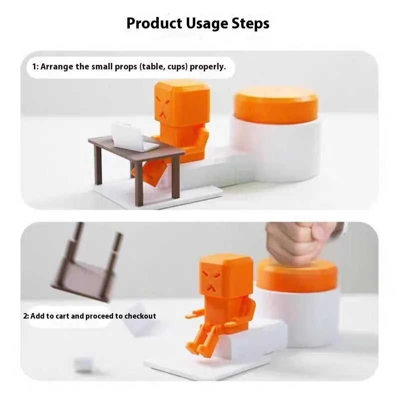 Orange plastic Take a Shot vent decompression toy with a rotating table on a desk.