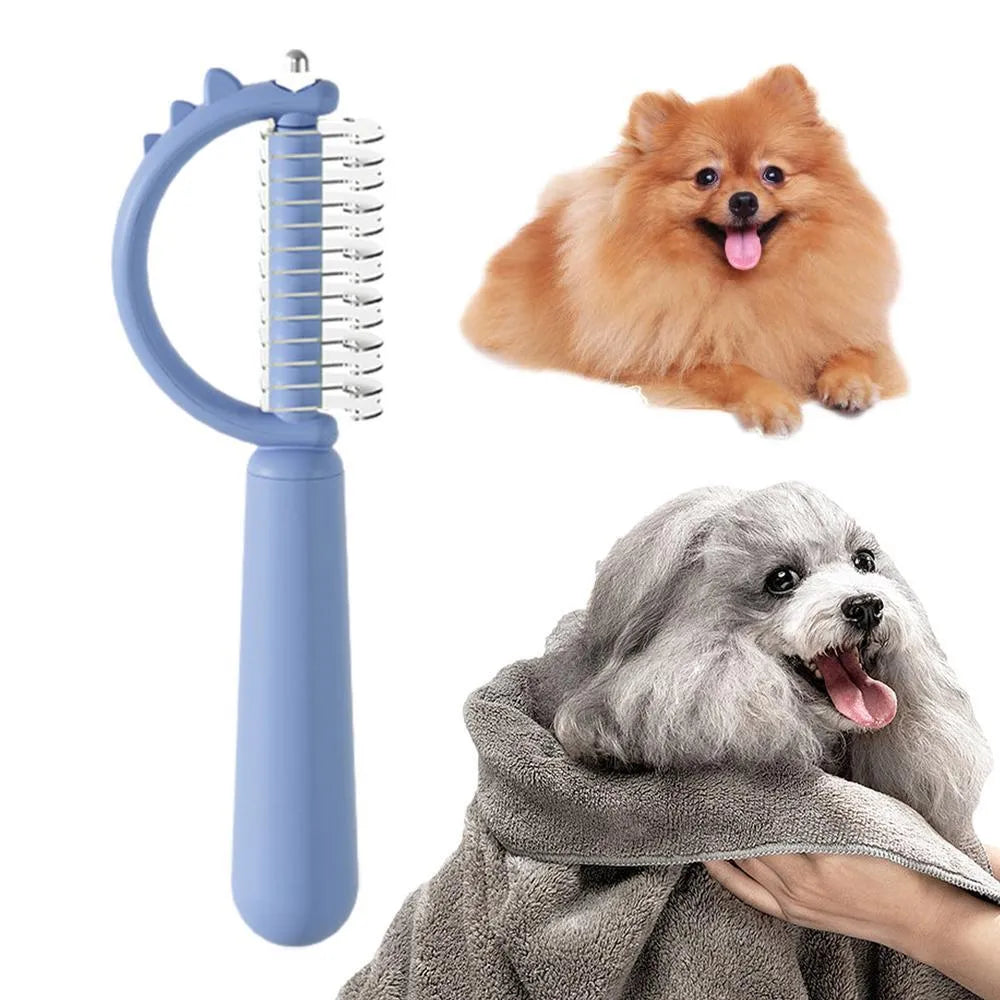 Dinosaur shaped cat brush with stainless steel bristles and self cleaning feature