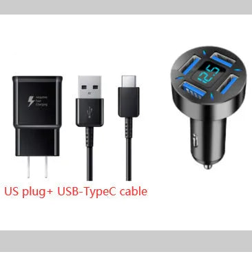 Black four-port USB car charger with LED digital display, compact design for vehicle use.