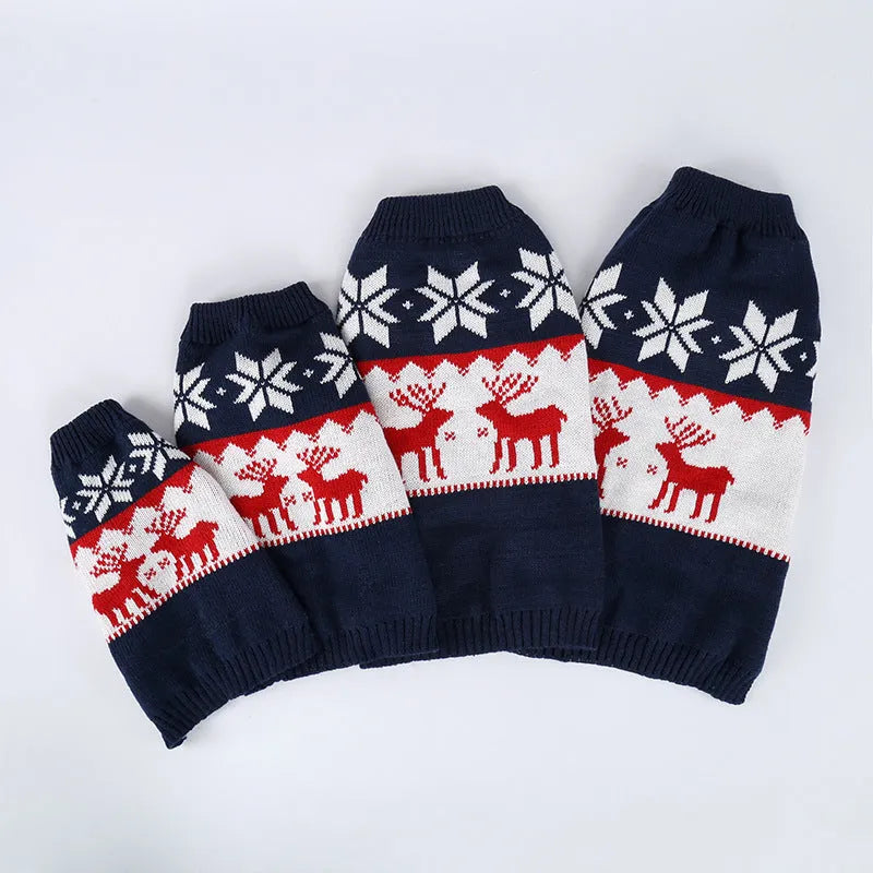 Navy blue knitted Christmas sweater for dogs on a mannequin showing European and American style design