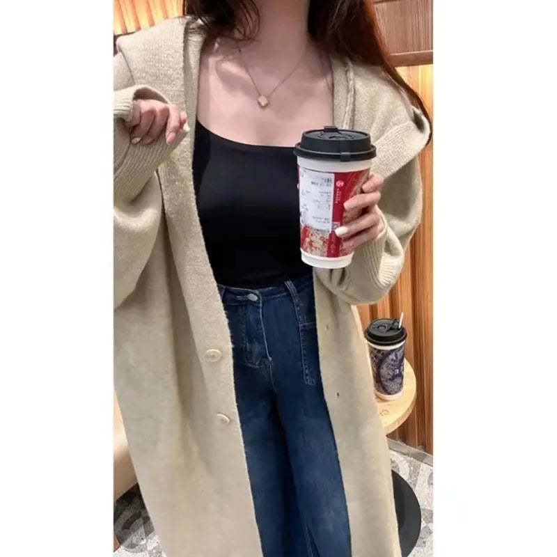 Korean style hooded long knitted cardigan for women in oatmeal colour, below knee length