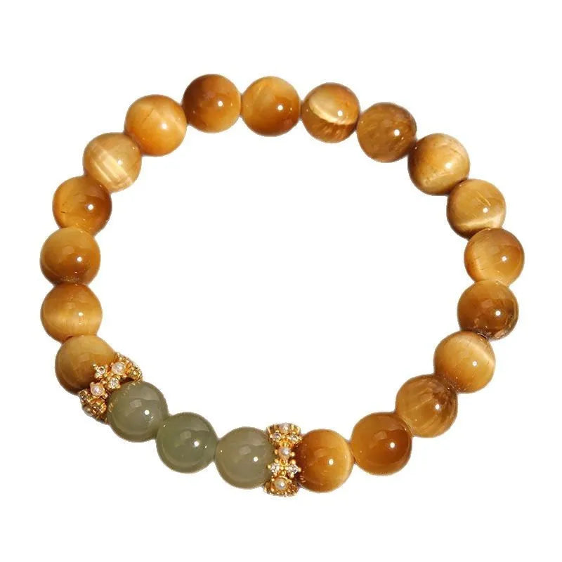 Natural yellow tiger's eye and Hetian jade bracelet with diamond treatment in U-shaped design