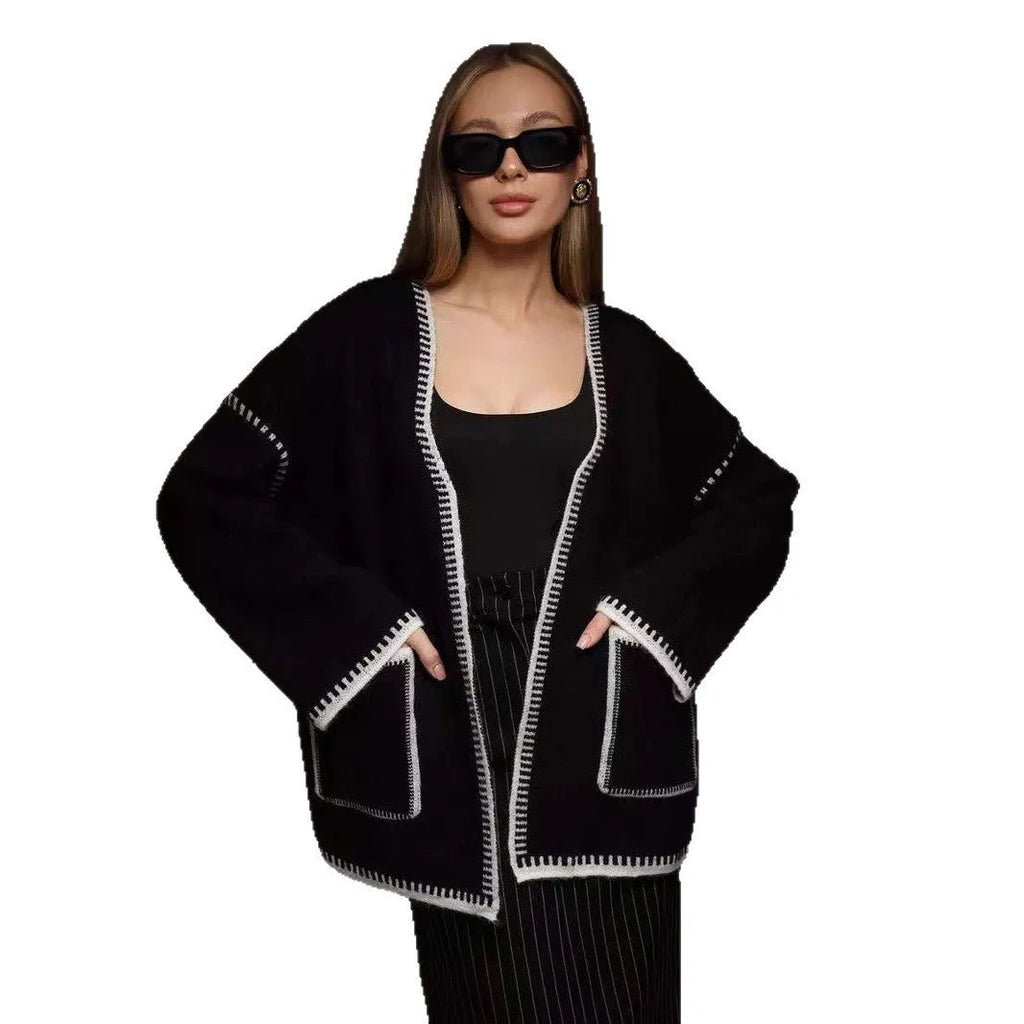 Women's lace-up knitted cotton cardigan in mid-length loose fit