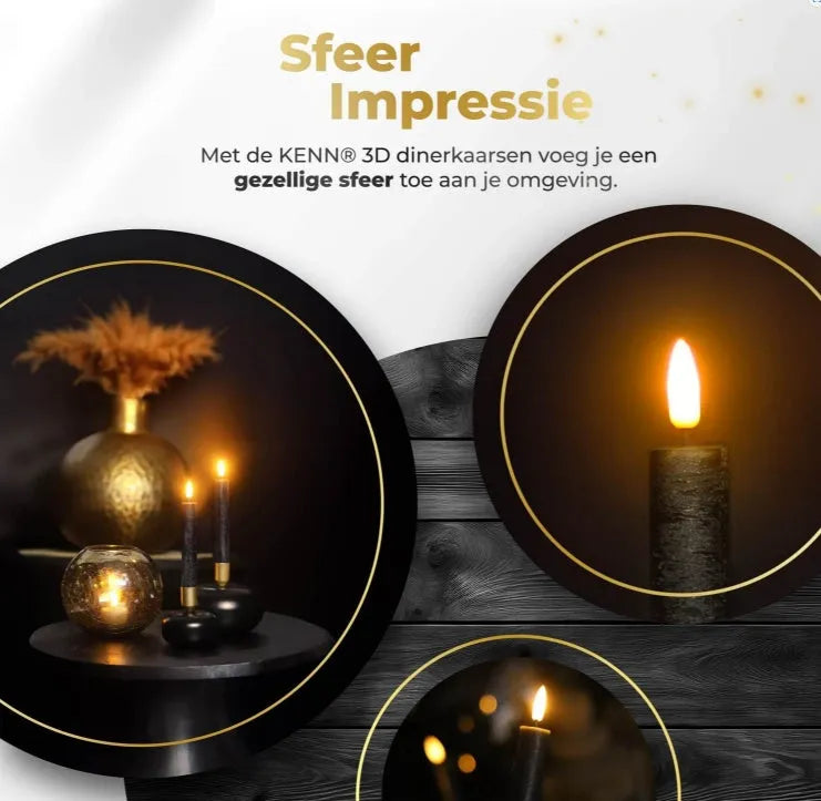 Black S2 3D Flame LED taper candle showing realistic flickering effect