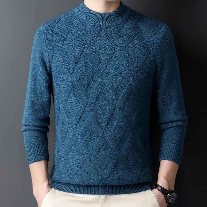 Men's thick grey diamond jacquard wool blend thermal pullover sweater on a hanger.