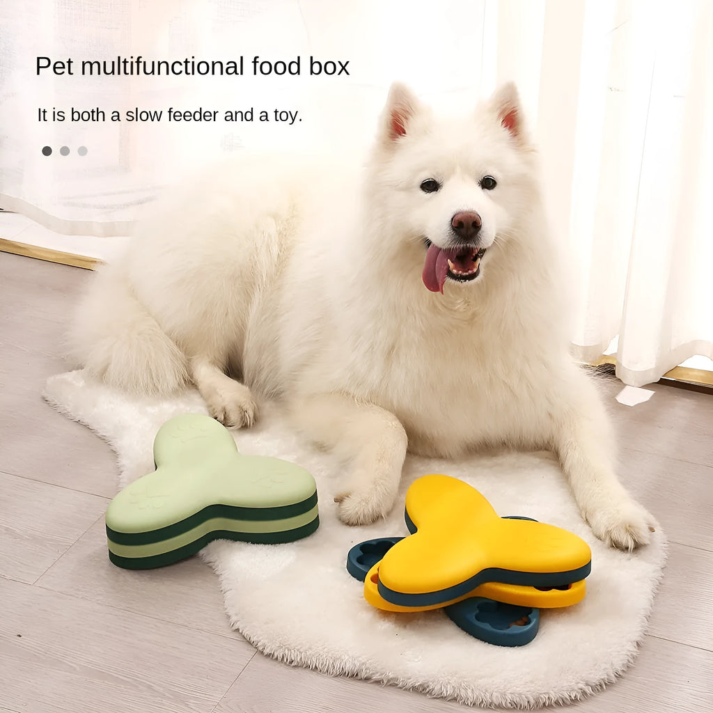 Green interactive dog puzzle bowl with bone-shaped covers on a non-slip base.