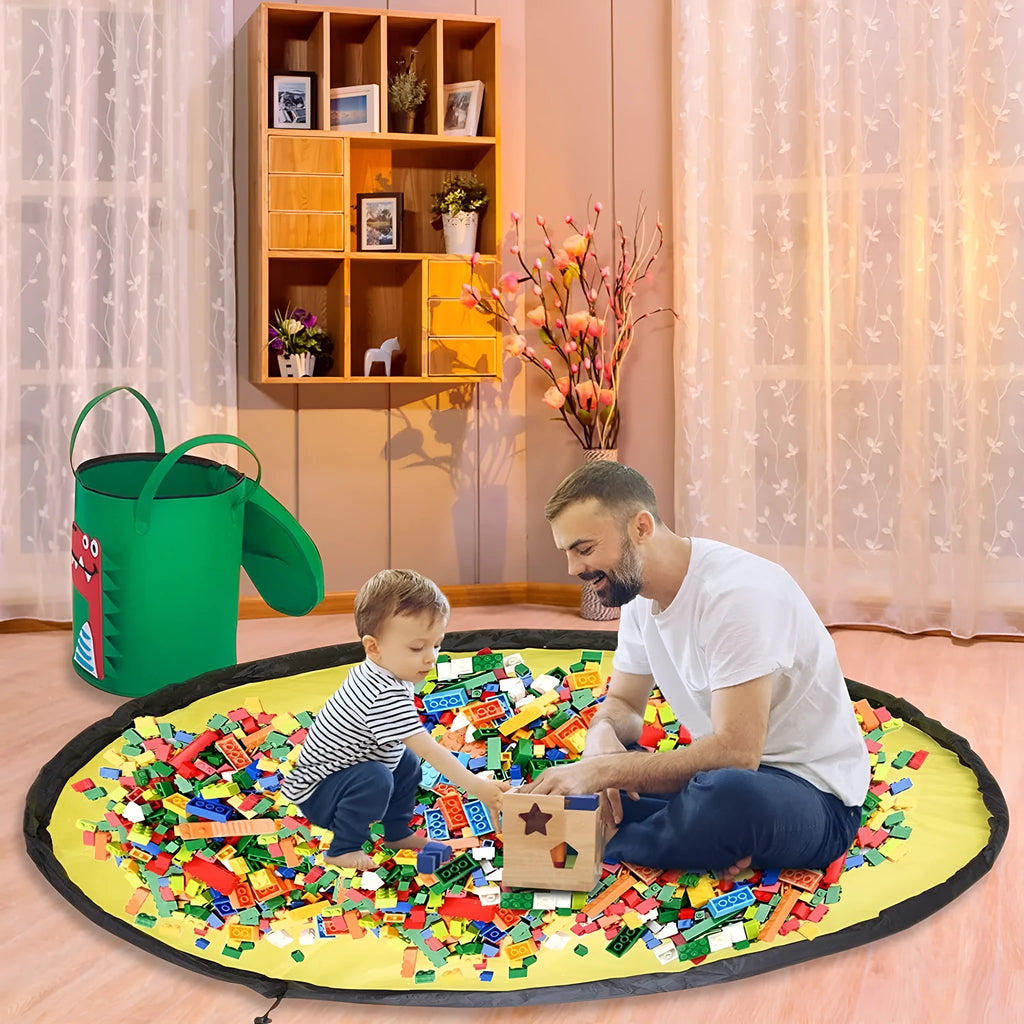Green felt cube storage bag transformed into flat play mat with pull rope