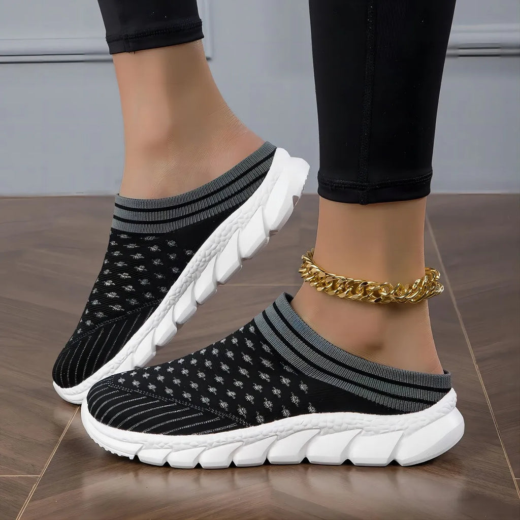 Women's Flyknit sports slipper shoes in striped pattern with height increasing sole