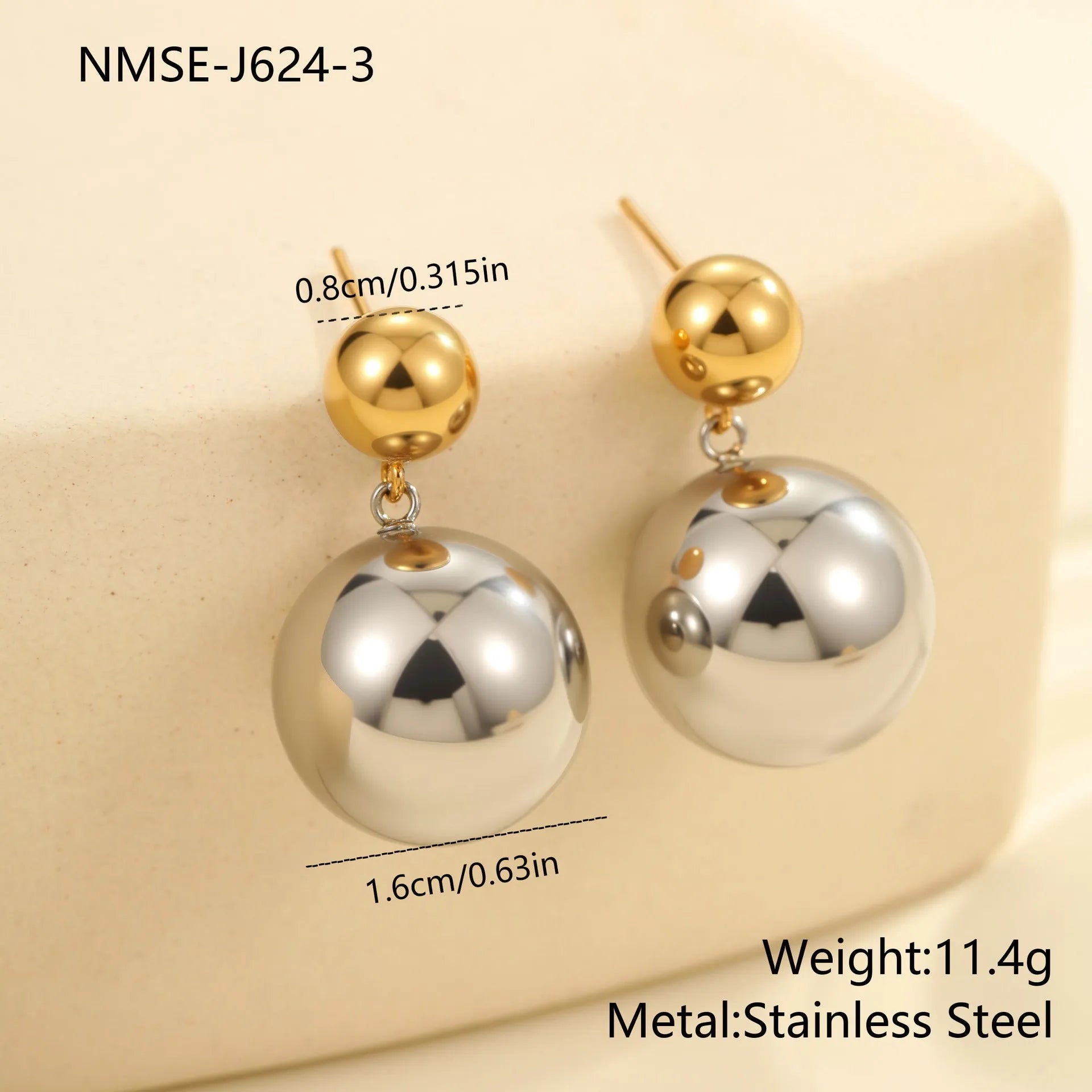 Stainless steel ear studs with colour-block electroplated finish and geometric round bead design