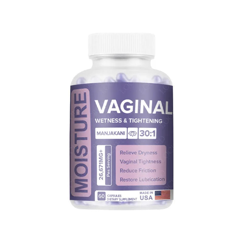 Bottle containing 60 vaginal supplement capsules for adult women's intimate health