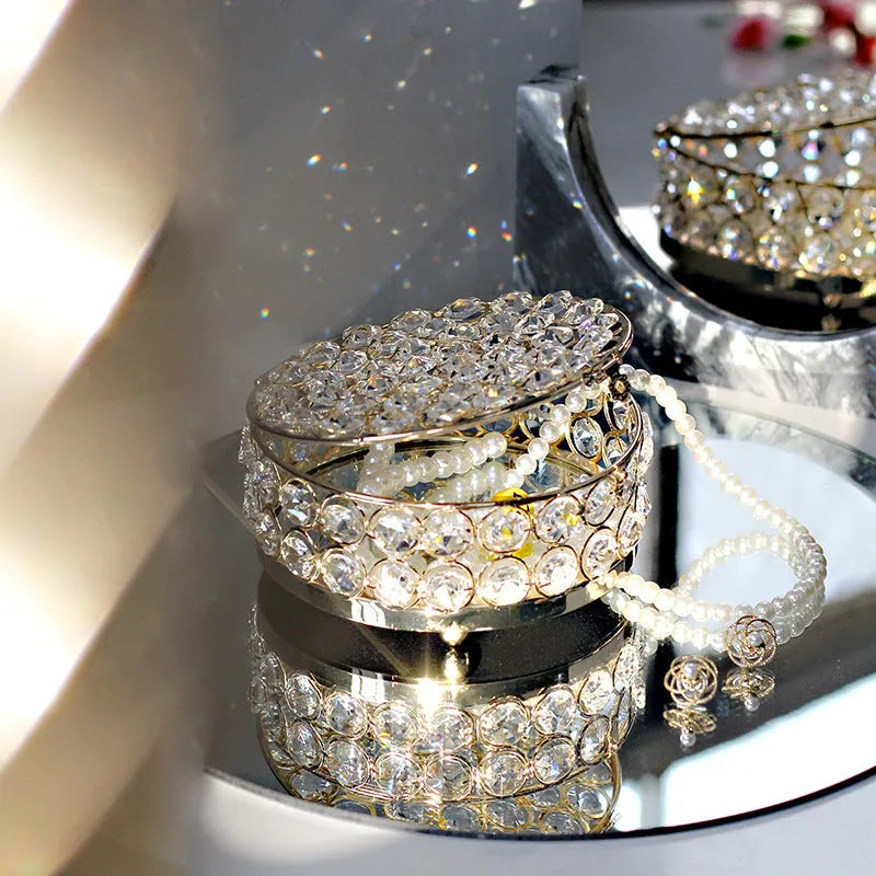European style jewelry box with crystal glass transparent top and French gold iron finish