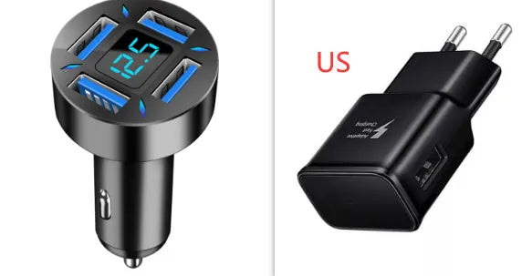 Black four-port USB car charger with LED digital display, compact design for vehicle use.