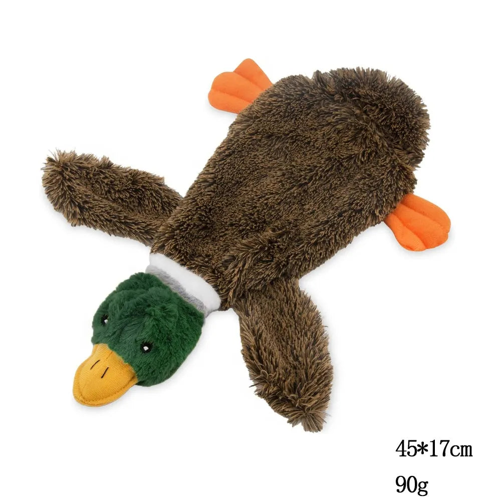 Green wild duck stuffless dog toy with squeakers and bottle cavity opening