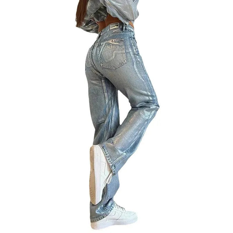 Women's washed blue high waist straight leg jeans with contrast detailing and street hipster style