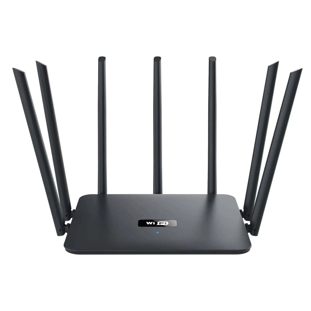 Black and white dual-band Wi-Fi router with multiple antennas for through-wall home coverage.