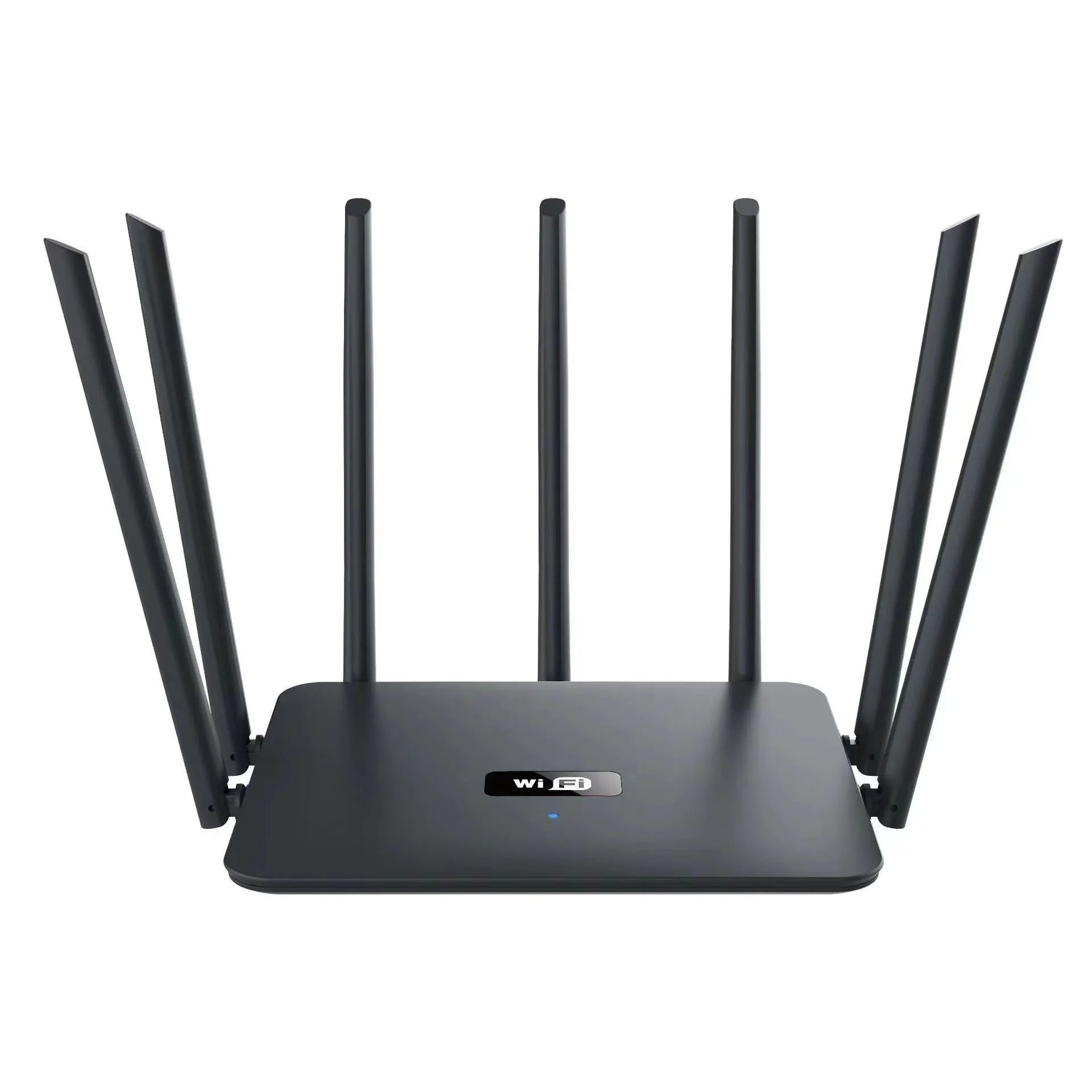 Black and white dual-band Wi-Fi router with multiple antennas for through-wall home coverage.