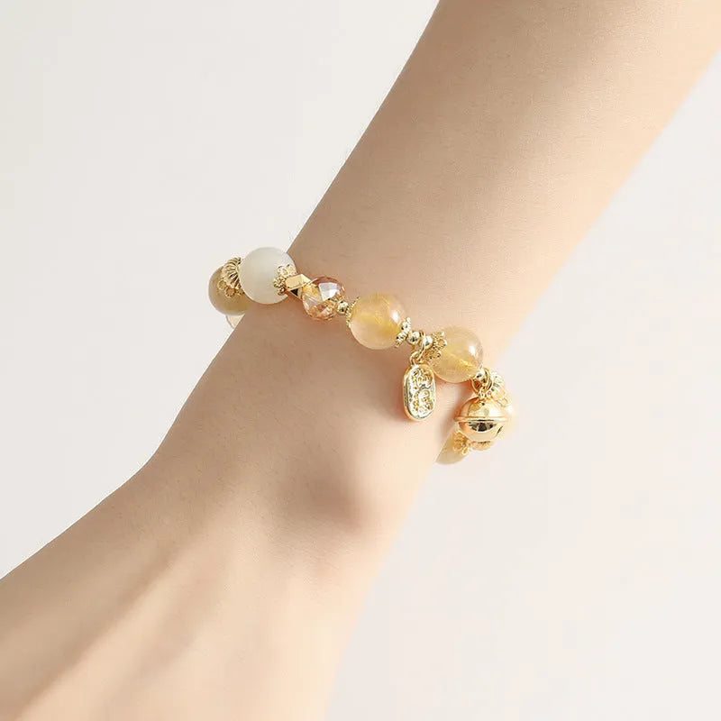 Gold rutilated quartz crystal bracelet with electroplated Lucky Fortune gold colour in Korean style design