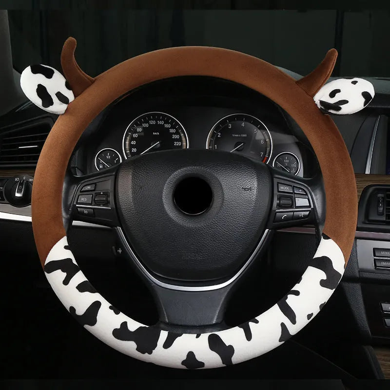 Short plush automotive steering wheel cover with protective handle in black colour