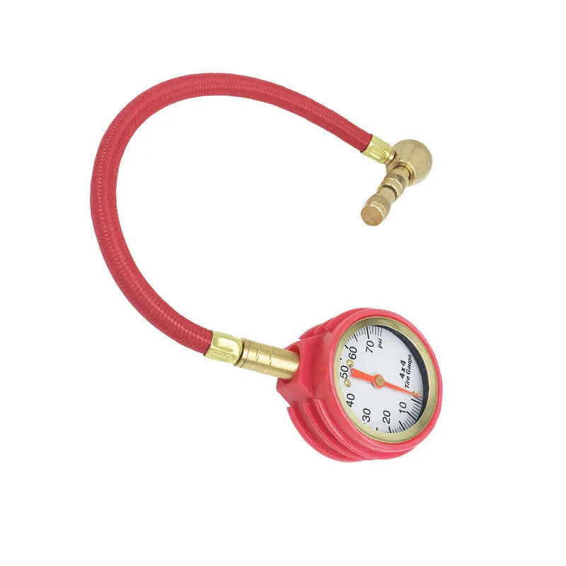 Red and black mechanical tyre pressure gauge with deflator for SUV and commercial vehicle tyres.