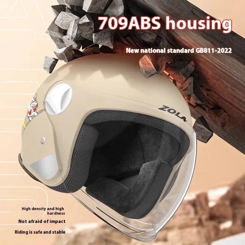 Electric bicycle helmet with attached winter scarf and anti-fog visor in blue colour