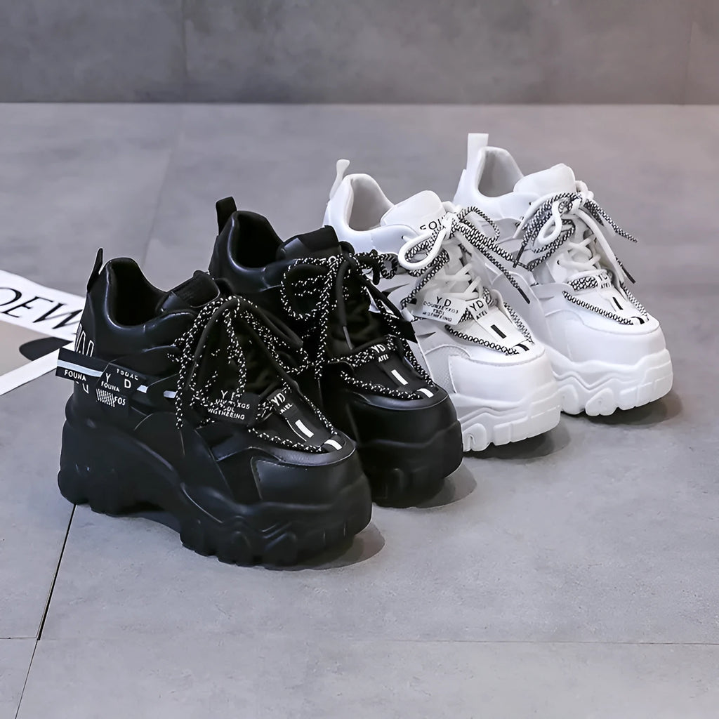 Women's white mesh platform tennis shoes with cross-strap and 6-8cm rubber sole.