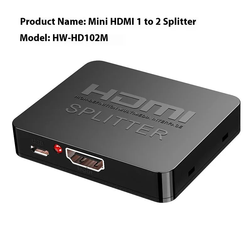 HDMI distribution splitter with one input and two output ports for dual display setups