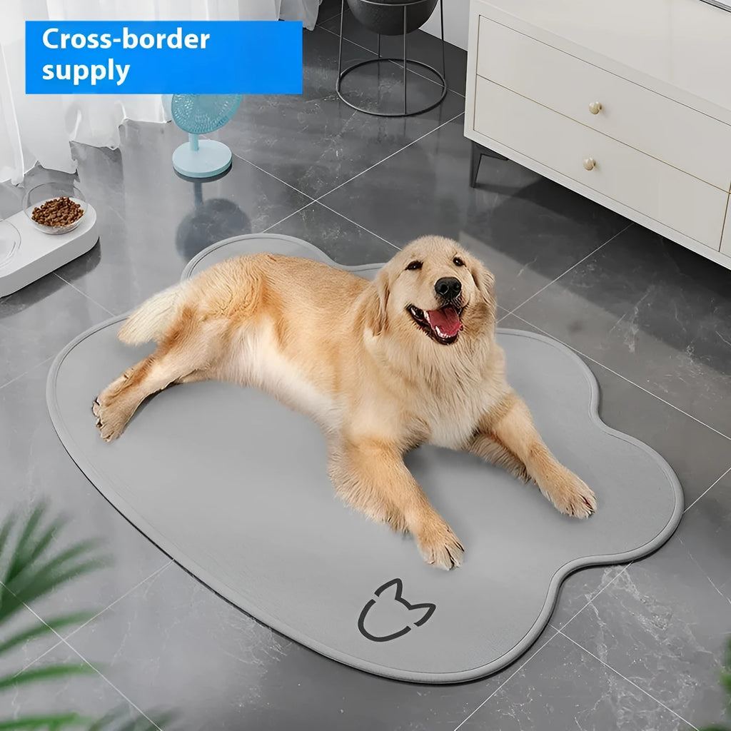 Ice silk pet cooling mat for dogs in light grey with dog head pattern and non-slip base
