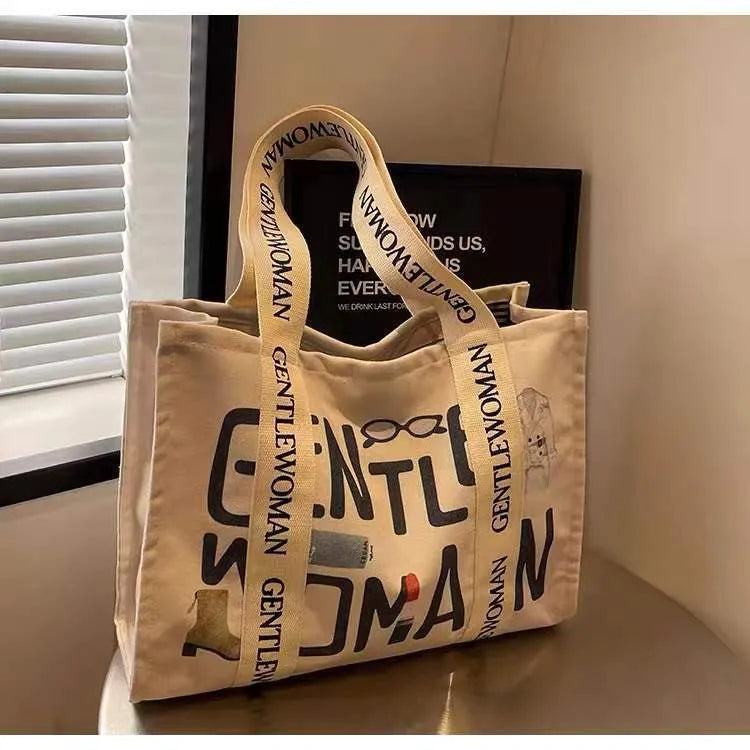 Large canvas shoulder tote bag with printed lettering or pattern design options
