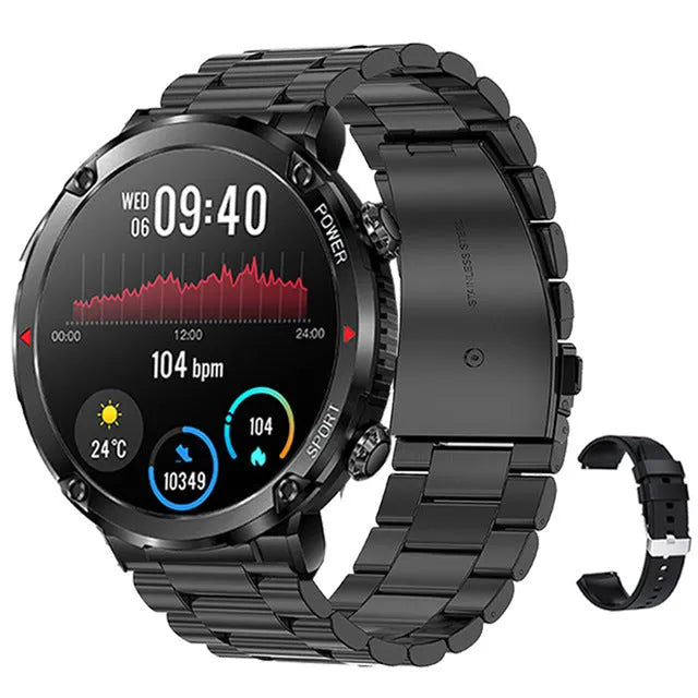 Black T30 Smart Watch with 52mm IPS screen showing Bluetooth calling interface and silicone strap