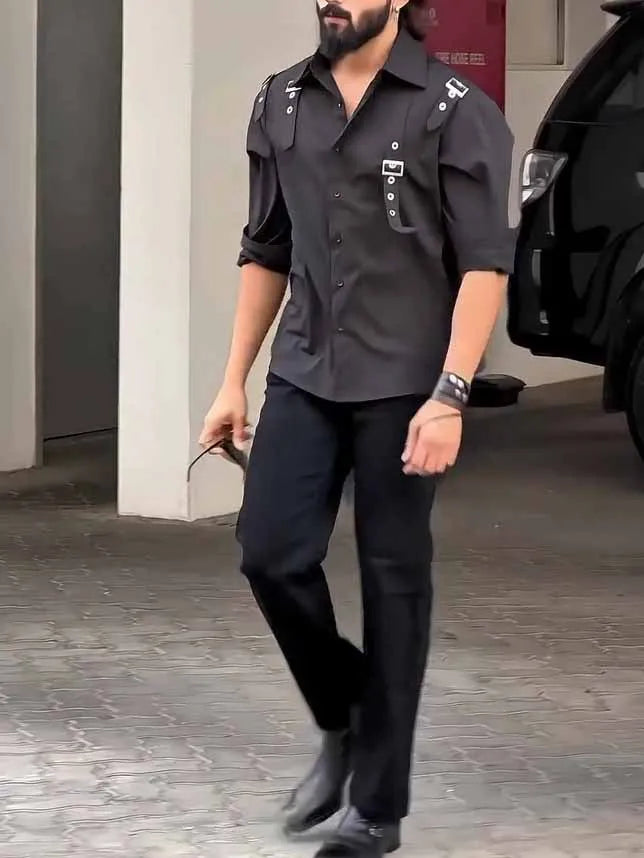 Men's black button-up utility shirt with long sleeves and regular fit on mannequin