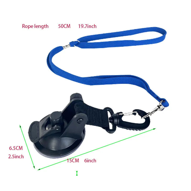 Black and blue pet bathing restraint with suction cup, rope, and anti-grab handcuffs shown in small and large sizes.