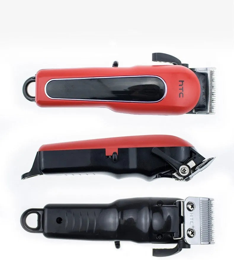 Professional digital electric hair clipper kit with brushless motor, charger, combs, and lubricating oil in black, red, or white.