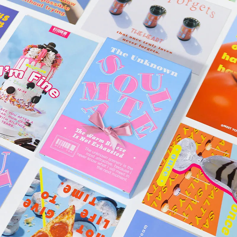 Boxed set of two fresh style printed postcards with messages 'Time Not Arrived' and 'Warm Wind Not Exhausted'.