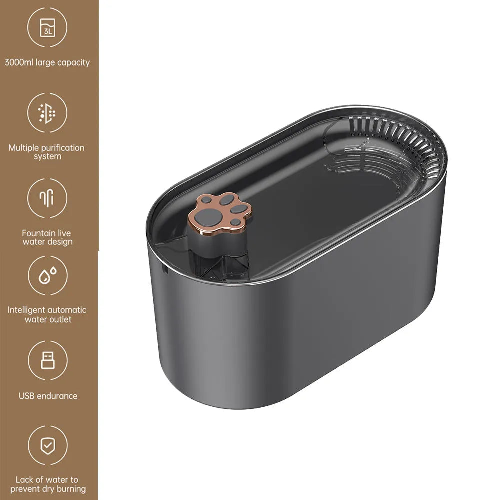 Blue automatic pet water fountain with filter on a floor next to a cat
