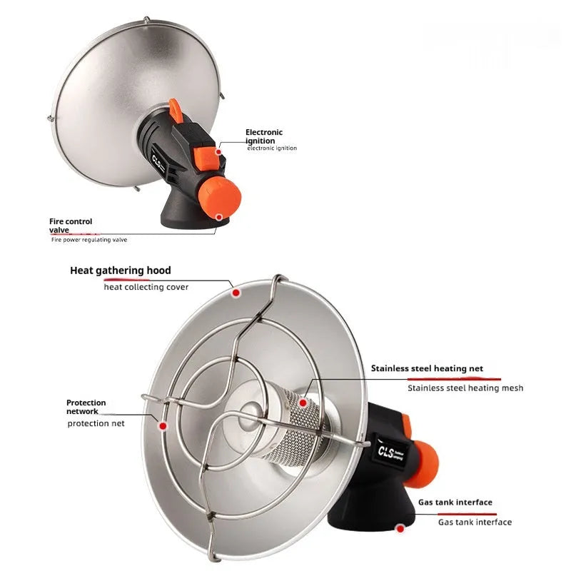 Portable outdoor heating stove with black and orange design and automatic ignition