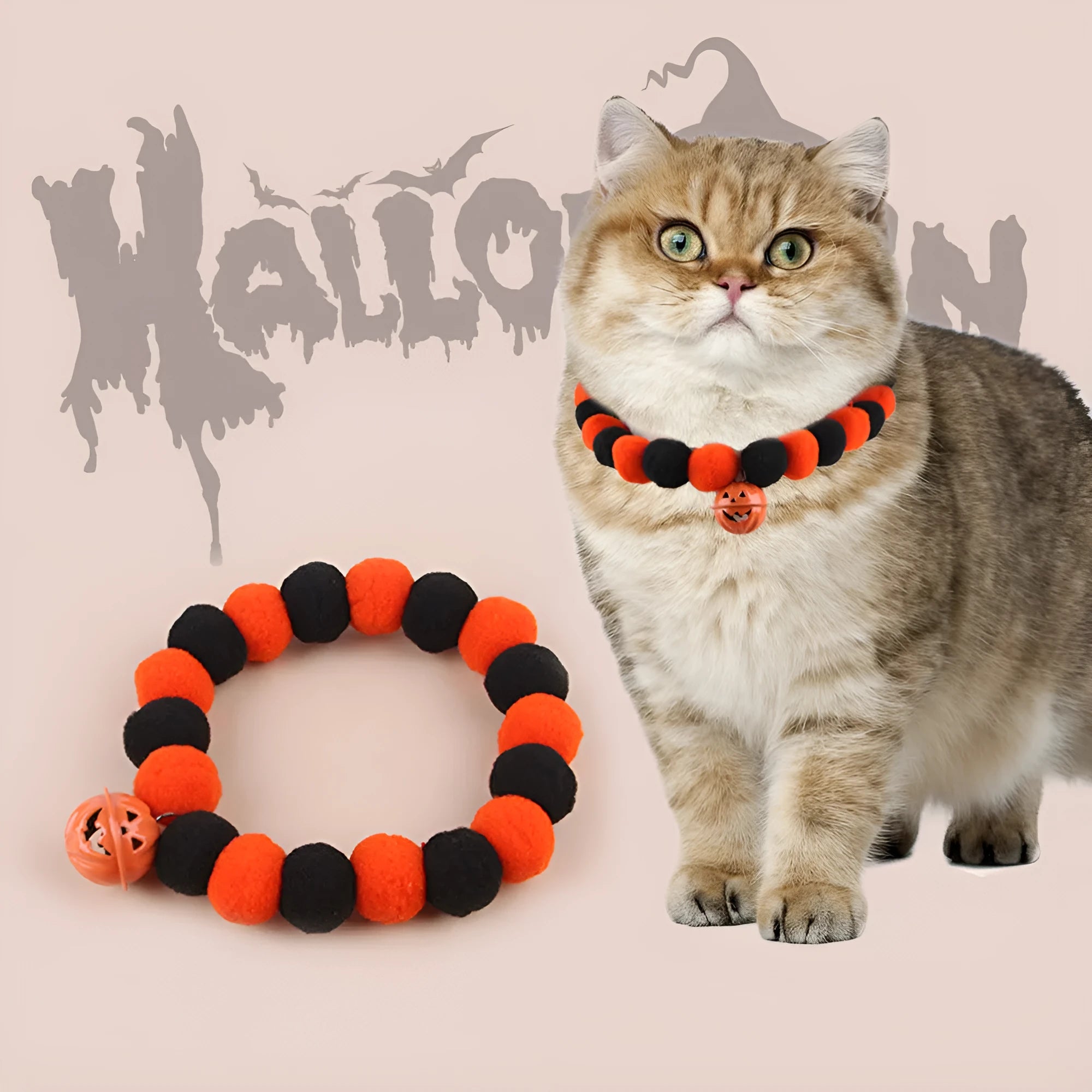 Orange Halloween pumpkin cat collar with green leaf on a breakaway safety buckle.