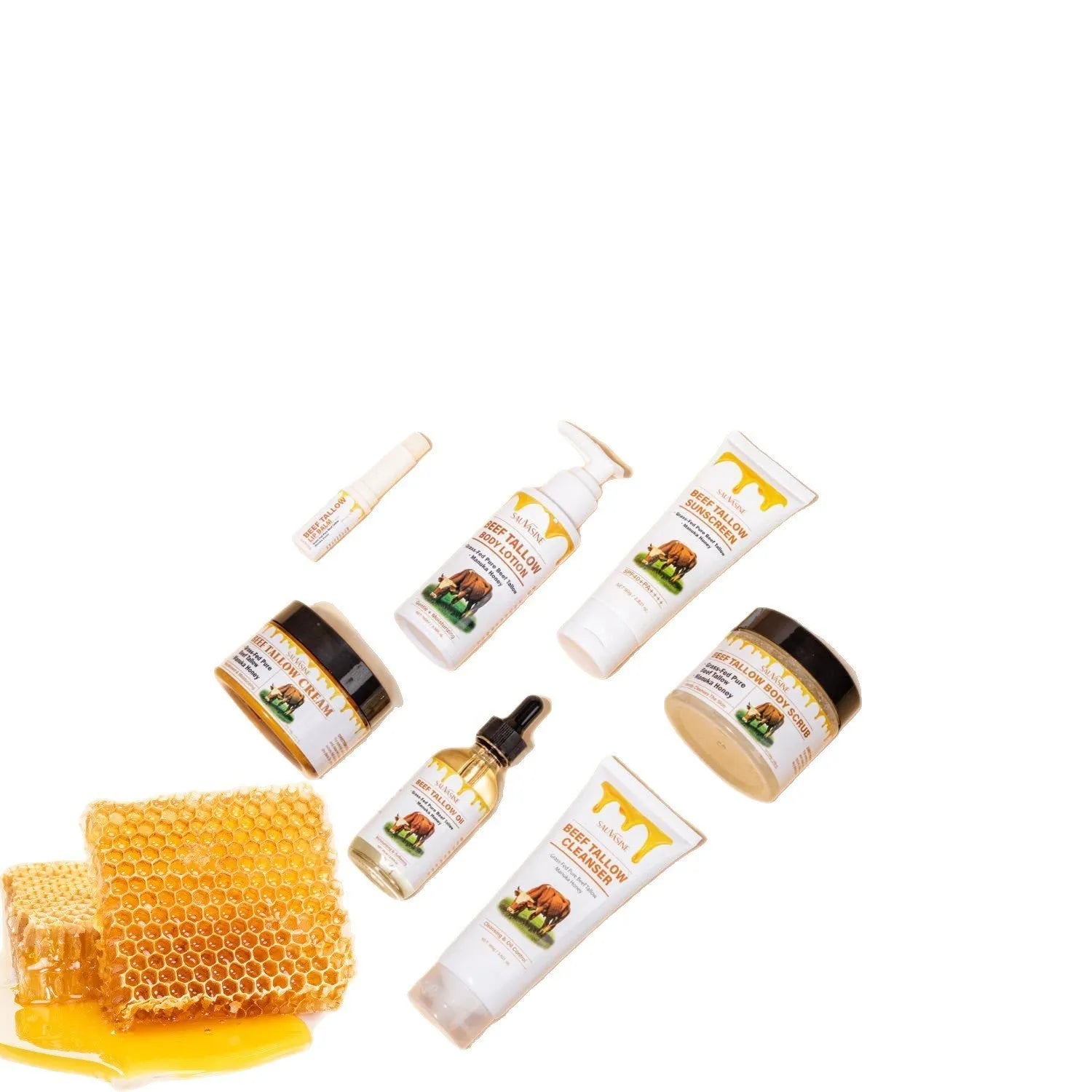 Butter Honey seven-piece skincare set showing cleanser, face cream, lipstick, protective cream, body lotion, facial scrub, and beef tallow cream